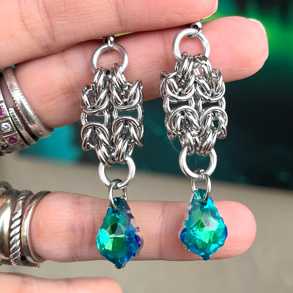 Handmade Maille Dangly Stainless Steel Earrings Green Rainbow Austrian Crystals